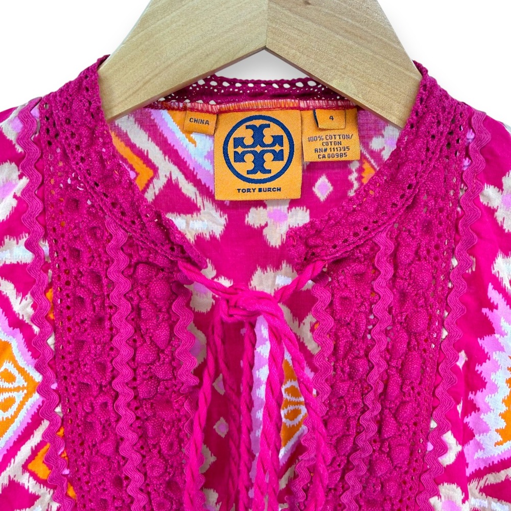 Tory Burch Pink Geometric Print Crochet Tie Neck Cotton Blouse Size 4‎ - Picture 3 of 8